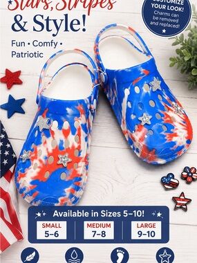 Patriotic Tie-Dye Star Charm Mules - Blue/Red/White
